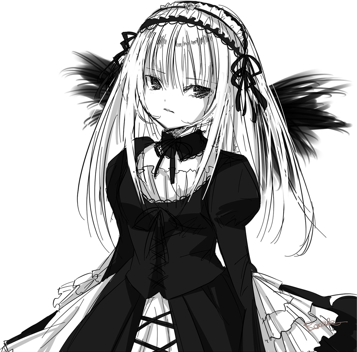 1girl closed_mouth dress eyebrows_visible_through_hair frills greyscale hairband image juliet_sleeves lolita_fashion lolita_hairband long_hair long_sleeves looking_at_viewer monochrome puffy_sleeves ribbon simple_background solo suigintou white_background wings