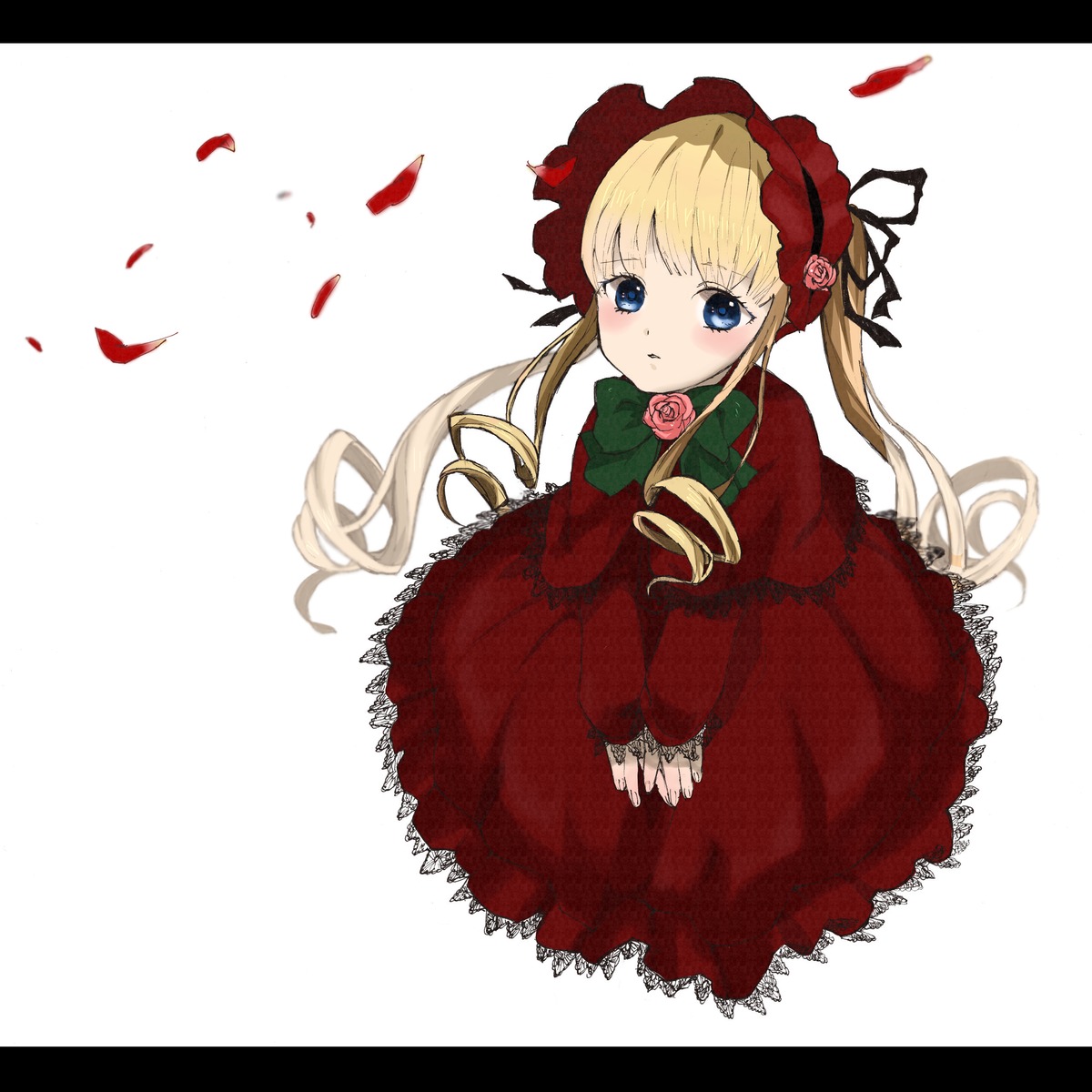 1girl blonde_hair blue_eyes blush bonnet bow bowtie dress drill_hair flower green_bow image letterboxed long_hair long_sleeves looking_at_viewer petals red_dress red_flower red_rose rose rose_petals shinku sitting solo twintails v_arms