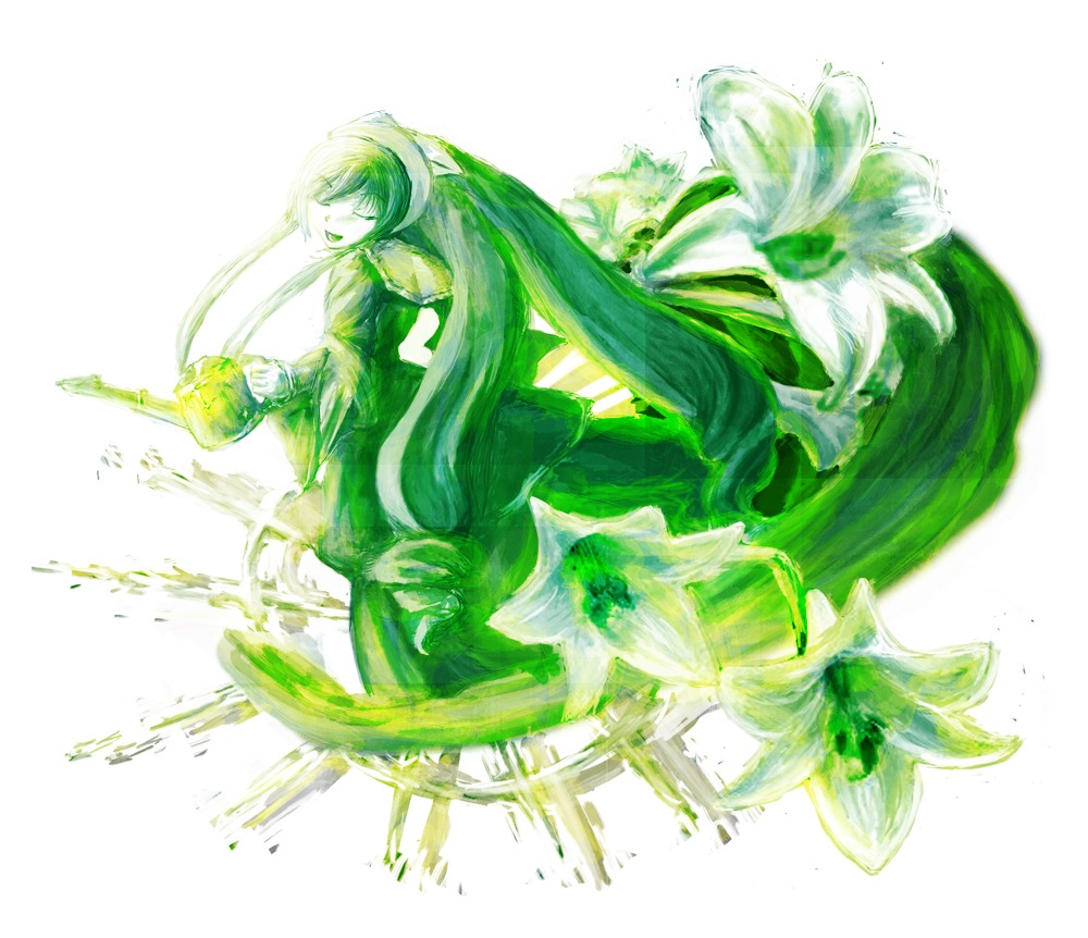 1girl closed_eyes flower green_hair green_theme image long_hair solo striped suiseiseki very_long_hair