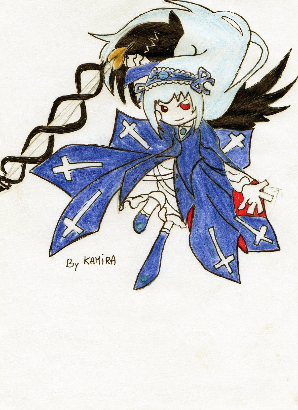 1girl auto_tagged dress image long_hair long_sleeves marker_(medium) nun red_eyes smile solo suigintou traditional_media