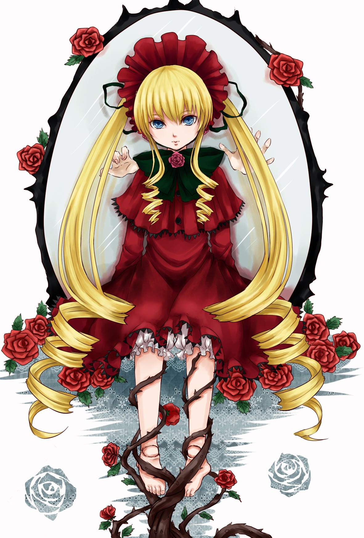 1girl blonde_hair blue_eyes bonnet bow bowtie dress drill_hair flower green_bow image long_hair looking_at_viewer pink_rose plant red_capelet red_dress red_flower red_rose rose rose_petals shinku sidelocks solo thorns twintails very_long_hair vines