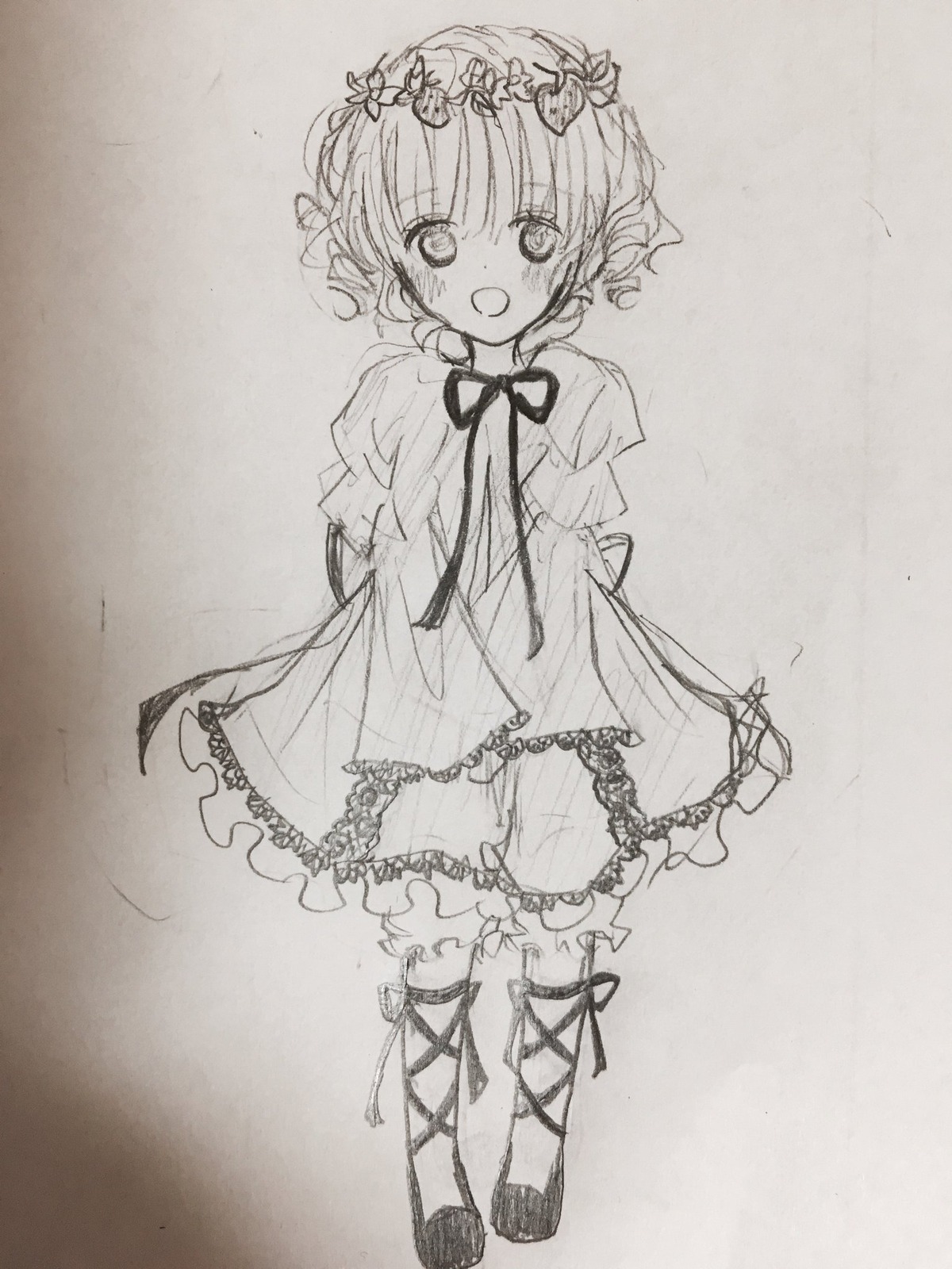 1girl :d bangs blush dress eyebrows_visible_through_hair flower full_body hair_ornament head_tilt hinaichigo image long_sleeves looking_at_viewer monochrome neck_ribbon open_mouth photo puffy_sleeves ribbon shoes smile solo standing traditional_media