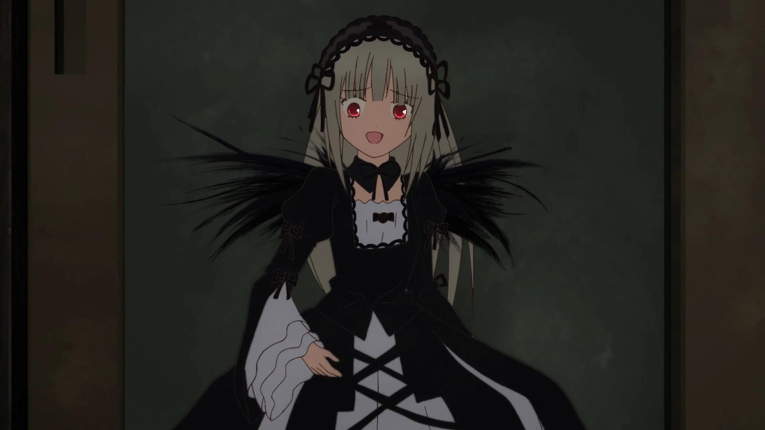 1girl :d black_dress black_ribbon black_wings detached_collar dress frills hairband image juliet_sleeves long_hair long_sleeves looking_at_viewer open_mouth puffy_sleeves red_eyes ribbon silver_hair smile solo suigintou wings