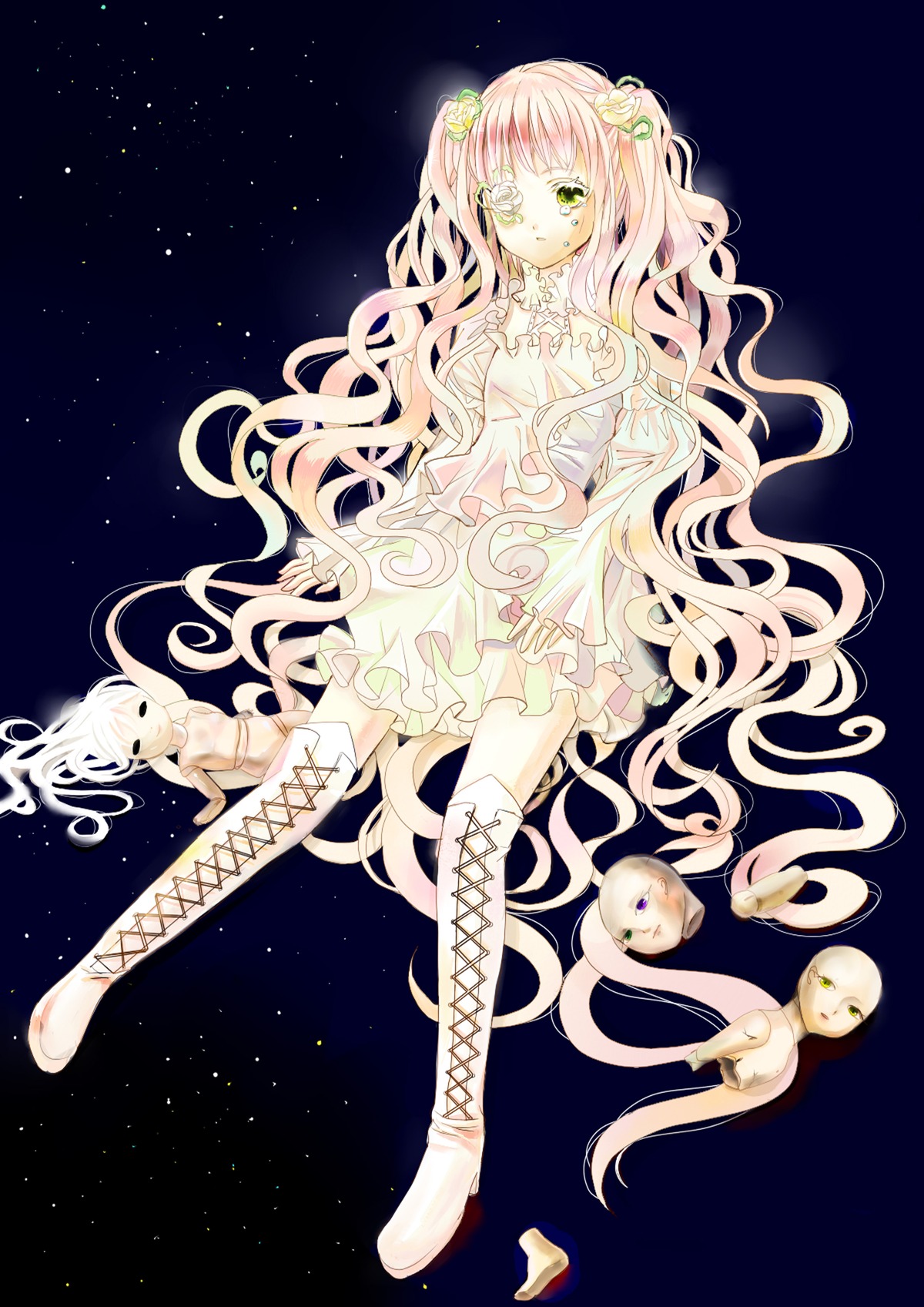 1girl boots cross-laced_footwear doll_joints dress flower full_body green_eyes hair_flower hair_ornament image kirakishou knee_boots lace-up_boots long_hair pink_hair sky solo space star_(sky) starry_sky very_long_hair white_footwear