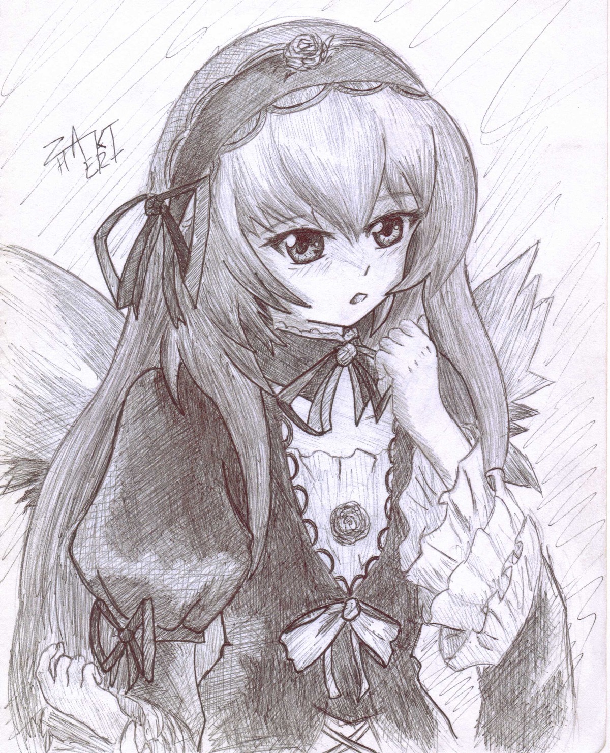 1girl blush dress feathered_wings frills graphite_(medium) greyscale hairband image long_hair long_sleeves looking_at_viewer monochrome open_mouth ribbon shikishi signature solo suigintou traditional_media upper_body wings