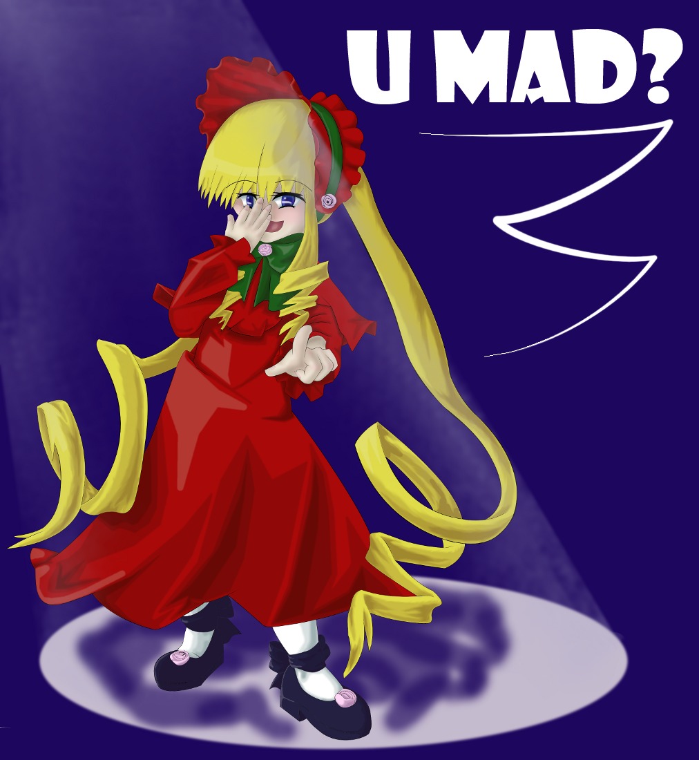 1girl blonde_hair blue_eyes bonnet bow bowtie dress drill_hair full_body image long_hair long_sleeves red_dress shinku shoes solo standing twintails very_long_hair