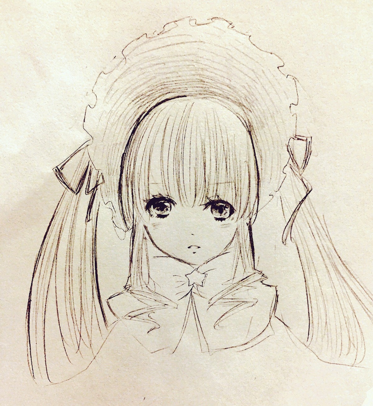 1girl bangs blush closed_mouth eyebrows_visible_through_hair hair_ribbon image long_hair looking_at_viewer monochrome ribbon shinku simple_background solo traditional_media twintails upper_body