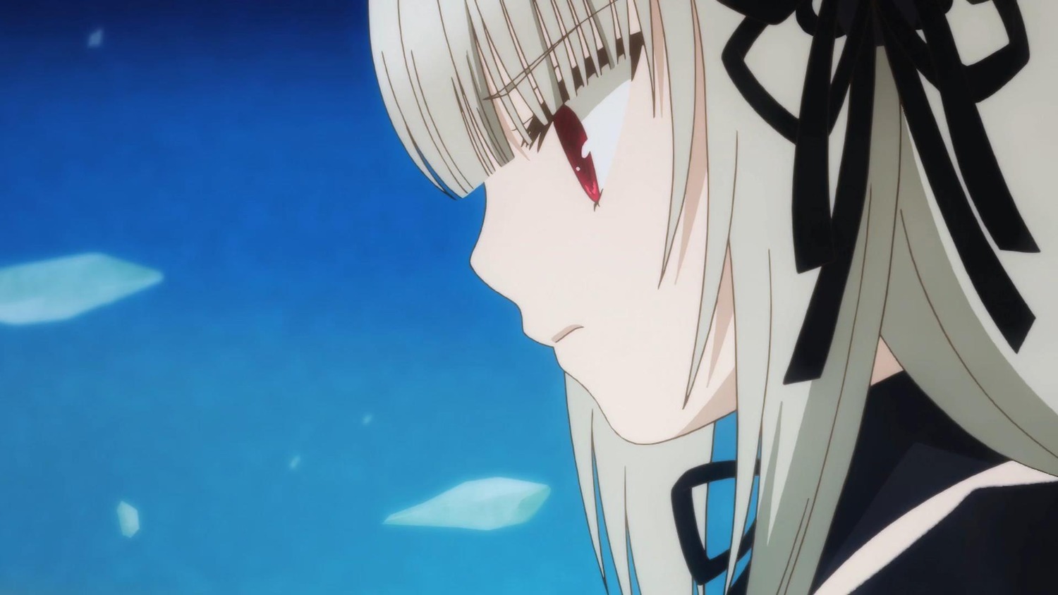 1girl bangs black_ribbon blunt_bangs closed_mouth eyebrows_visible_through_hair face from_side hair_ribbon image long_hair profile red_eyes ribbon smile solo suigintou white_hair