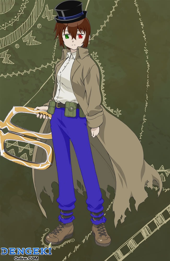 1girl brown_coat brown_footwear brown_hair full_body green_eyes hat heterochromia image jacket long_sleeves pants red_eyes shirt solo souseiseki torn_clothes white_shirt