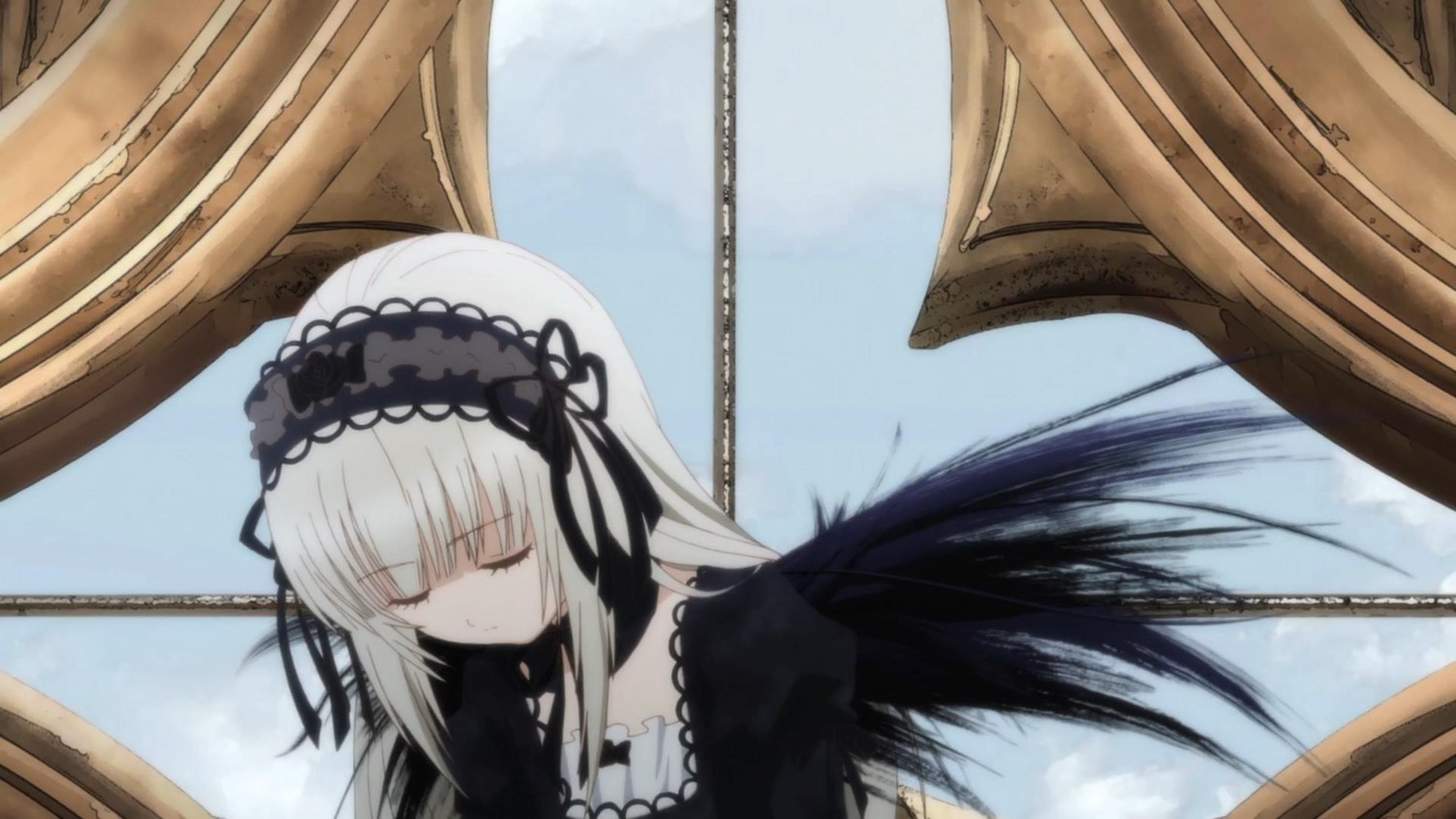 1girl bangs black_dress black_ribbon black_wings closed_eyes closed_mouth detached_collar dress feathers frills gothic_lolita hairband image lolita_fashion lolita_hairband long_hair long_sleeves ribbon rose silver_hair sky solo suigintou wings