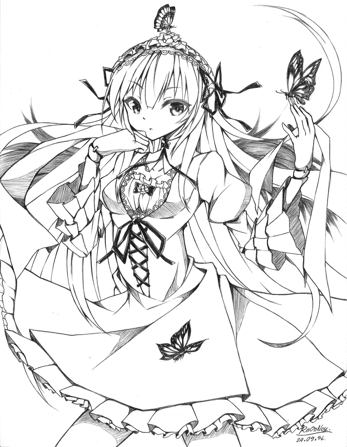 1girl blue_butterfly breasts bug butterfly butterfly_hair_ornament dress eyebrows_visible_through_hair flower frills greyscale hairband image insect lolita_fashion lolita_hairband long_hair long_sleeves looking_at_viewer monochrome solo suigintou