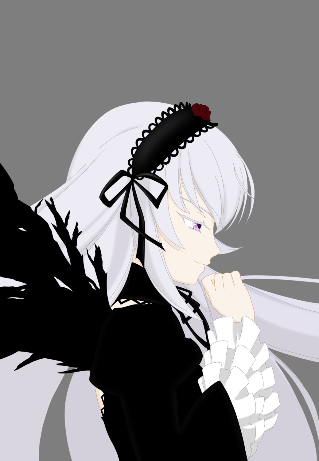 1girl black_ribbon dress flower frilled_sleeves frills hairband image long_hair long_sleeves profile ribbon rose silver_hair smile solo suigintou wings