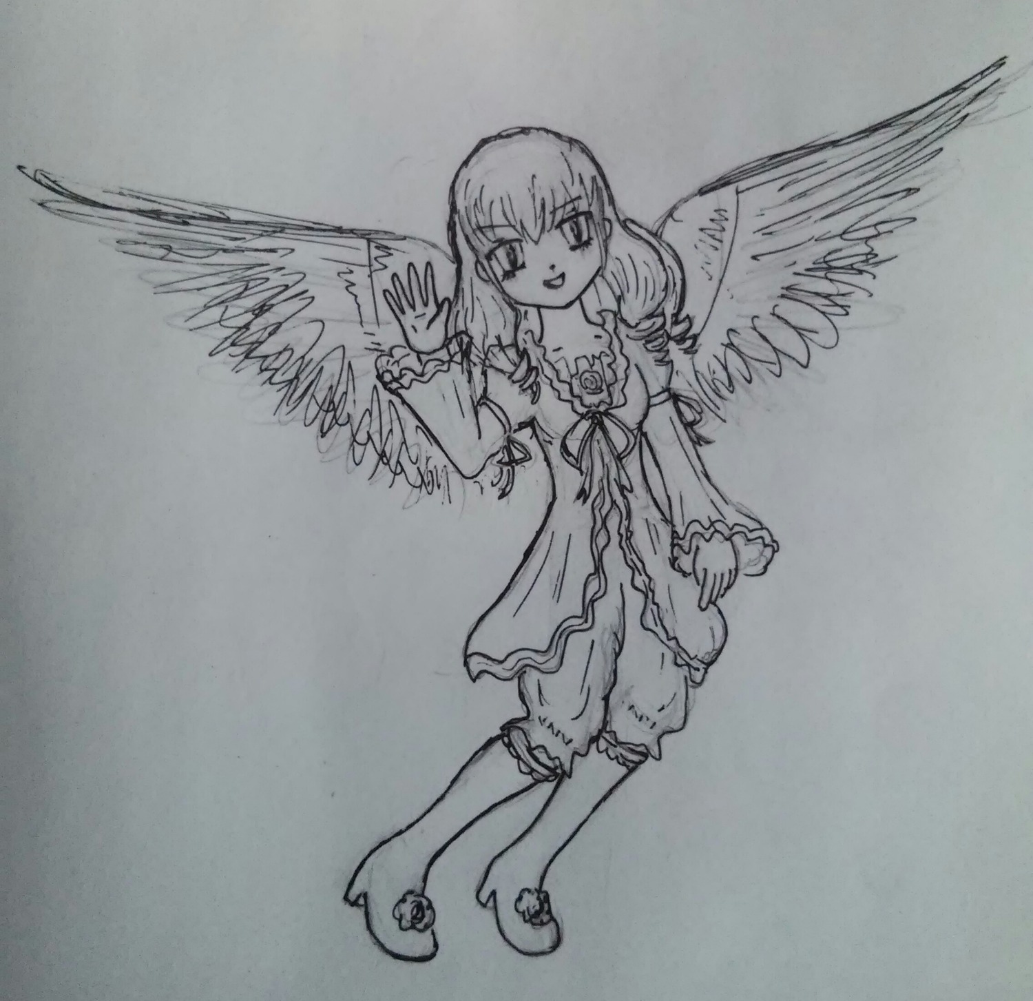 1girl angel angel_wings barefoot dress feathered_wings frills full_body greyscale image long_hair long_sleeves looking_at_viewer monochrome smile solo standing suigintou traditional_media underwear wings