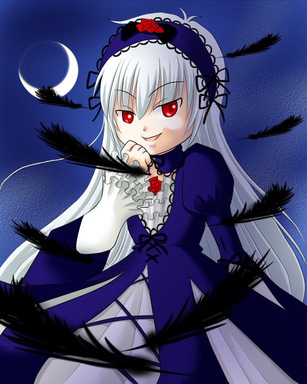 1girl black_wings dress feathers flower frilled_sleeves frills hairband image long_hair long_sleeves looking_at_viewer moon night puffy_sleeves red_eyes rose silver_hair smile solo suigintou wings