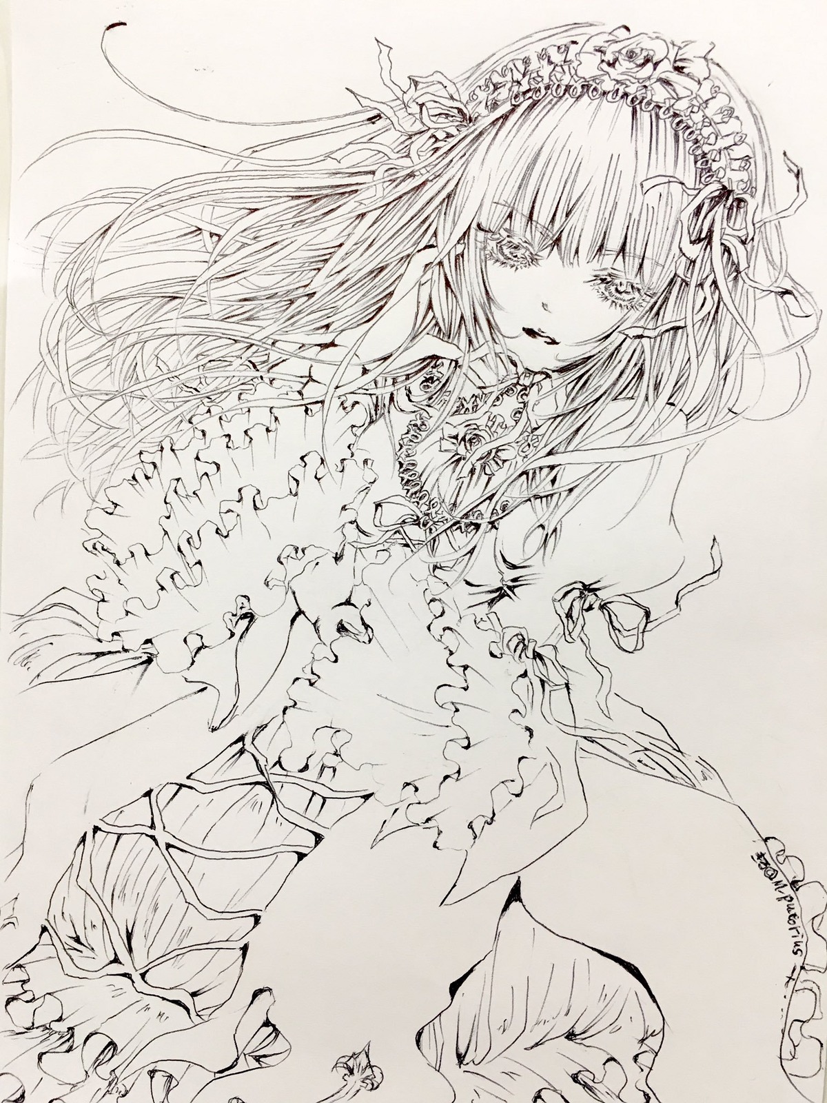 1girl bangs crying_with_eyes_open dress eyebrows_visible_through_hair flower frills image long_hair looking_at_viewer monochrome solo suigintou tears