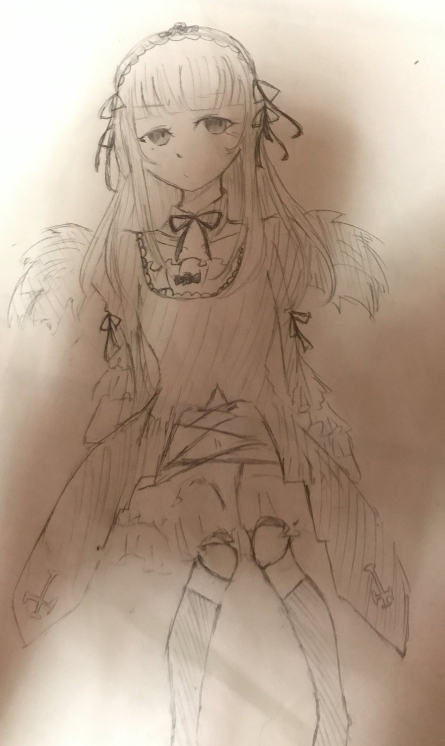 1girl bangs image long_hair long_sleeves looking_at_viewer monochrome ribbon solo standing suigintou traditional_media wings