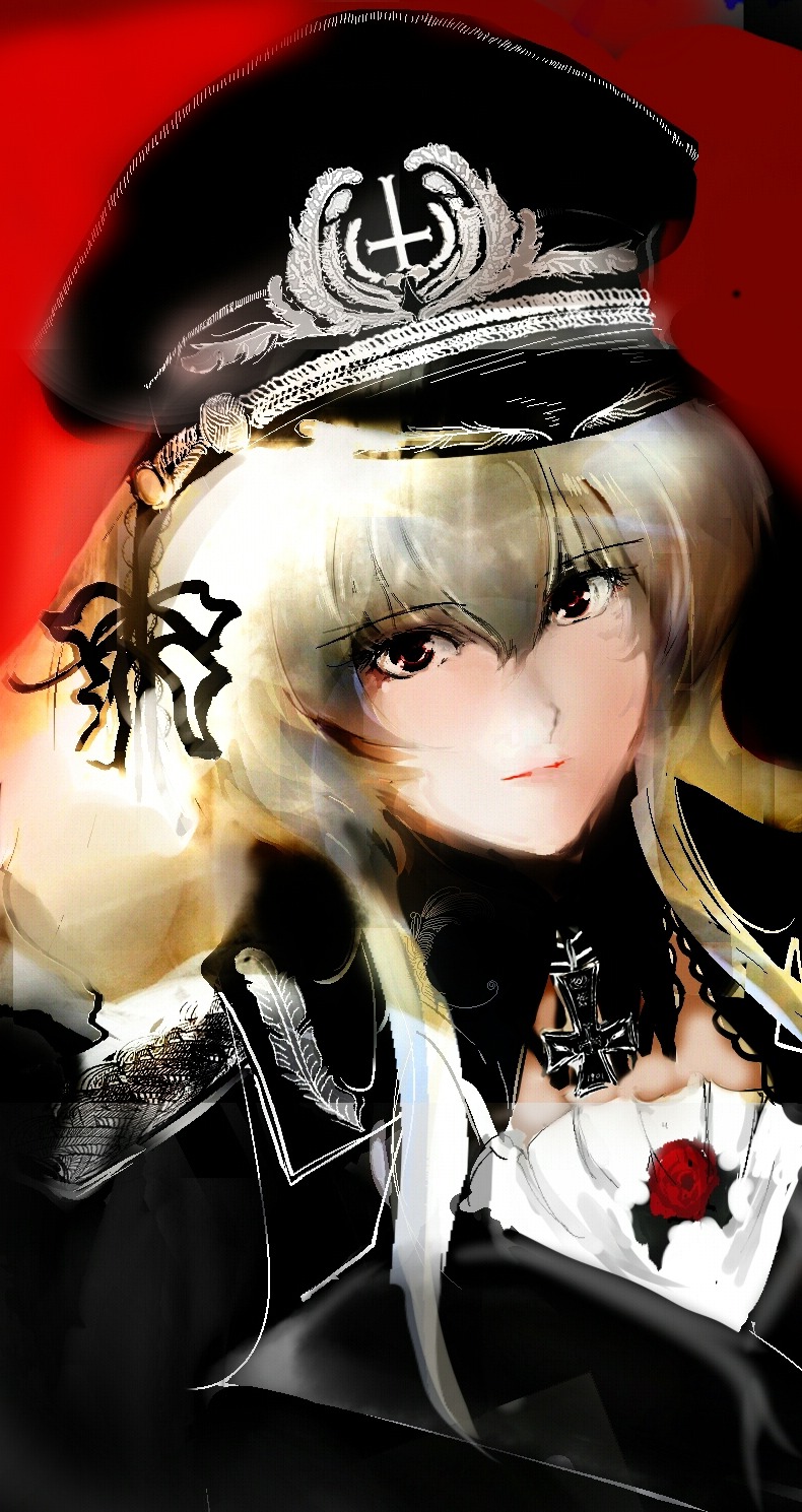 1girl bangs brown_eyes closed_mouth half-closed_eyes hat high_collar image iron_cross itsumi_erika jacket lips long_hair looking_at_viewer military military_hat military_uniform necklace peaked_cap rose solo suigintou uniform upper_body