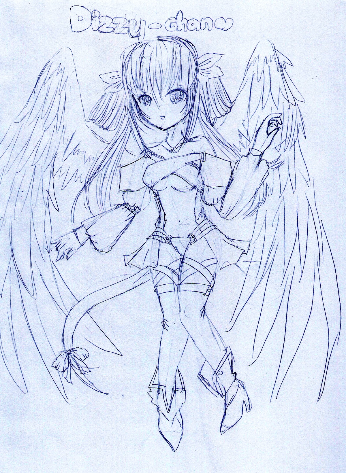 1girl angel_wings bare_shoulders blue_theme bow breasts dizzy_(guilty_gear) feathered_wings hair_ribbon image long_hair looking_at_viewer monochrome navel ribbon solo suigintou tail thighhighs traditional_media wings