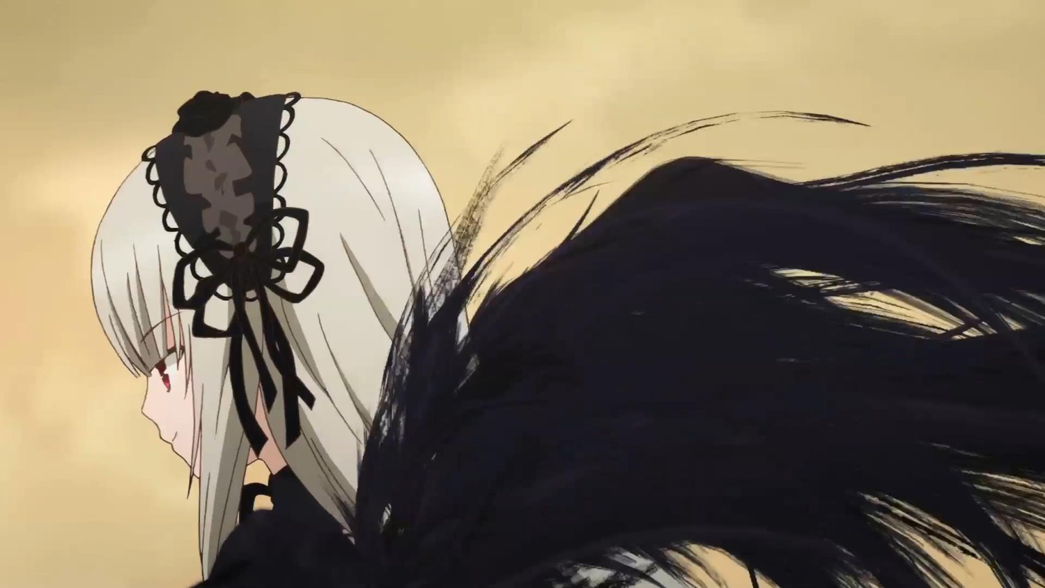 1girl bangs black_dress black_ribbon black_wings brown_background closed_mouth dress frills hairband image long_hair long_sleeves profile red_eyes ribbon silver_hair simple_background solo suigintou very_long_hair