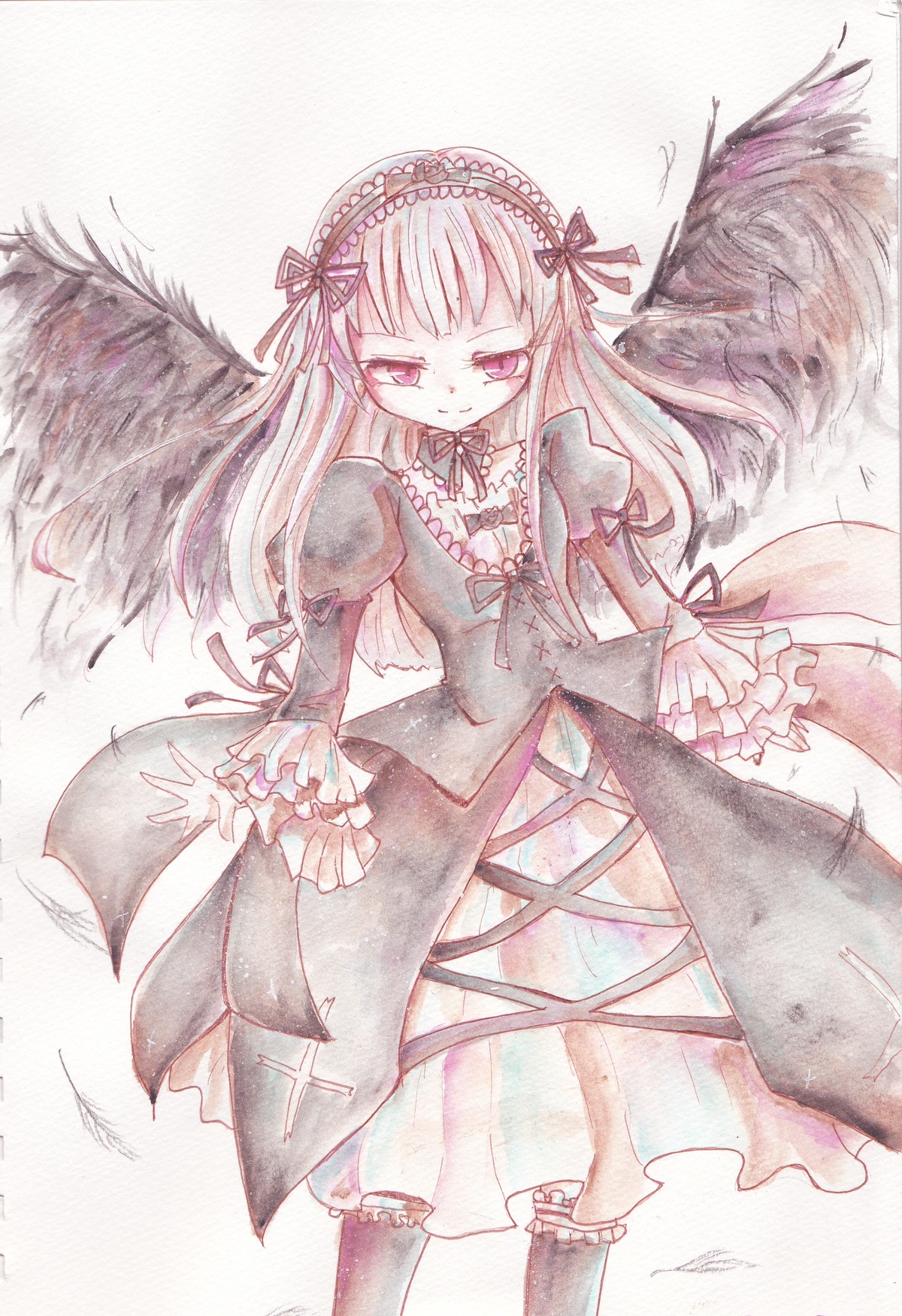 1girl black_wings colored_pencil_(medium) dress feathered_wings frilled_sleeves frills hairband image long_hair long_sleeves looking_at_viewer pink_eyes ribbon solo suigintou traditional_media wings