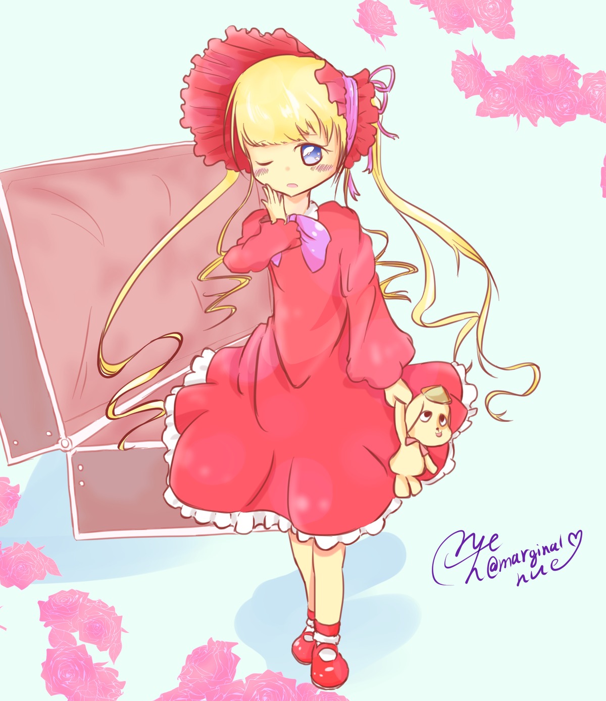 1girl blonde_hair blue_eyes bow dress flower frills image long_hair long_sleeves one_eye_closed pink_flower pink_rose red_flower red_rose rose shinku shoes solo stuffed_animal twintails