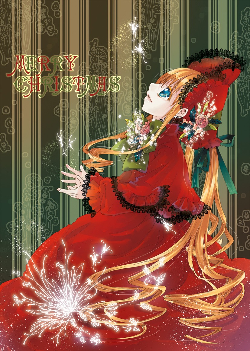 1girl blonde_hair blue_eyes bonnet bow capelet dress drill_hair flower frills image long_hair long_sleeves profile red_capelet red_dress shinku solo very_long_hair