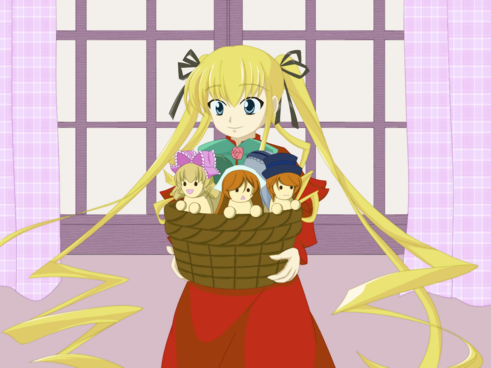 blonde_hair blue_eyes brown_hair character_doll doll hair_ribbon hat image long_hair looking_at_viewer multiple_girls ribbon shinku solo twintails