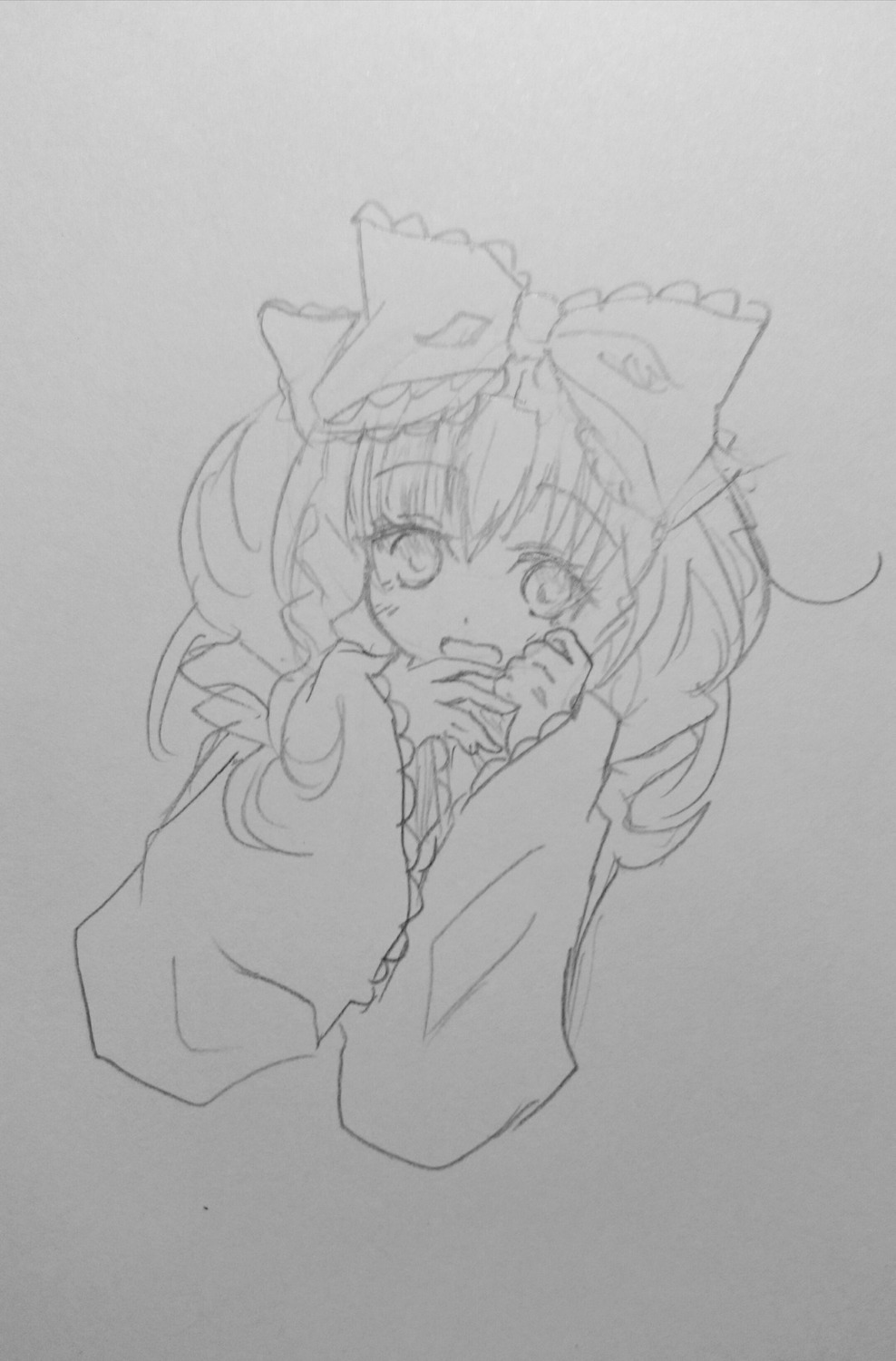 1girl bow detached_sleeves greyscale hair_bow hakurei_reimu hinaichigo image long_hair looking_at_viewer monochrome open_mouth solo tears traditional_media wide_sleeves