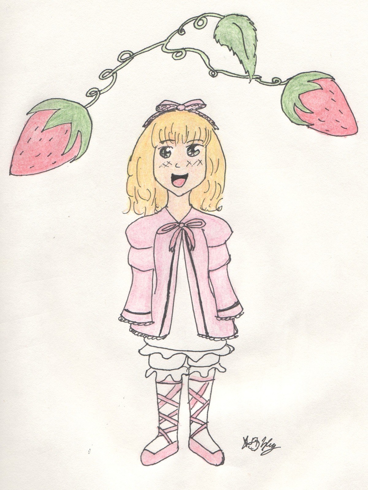 1girl apple blonde_hair bloomers bow cherry dress food food_print fruit grapes hinaichigo holding_fruit image melon object_namesake open_mouth ribbon smile solo strawberry strawberry_print tomato underwear watermelon