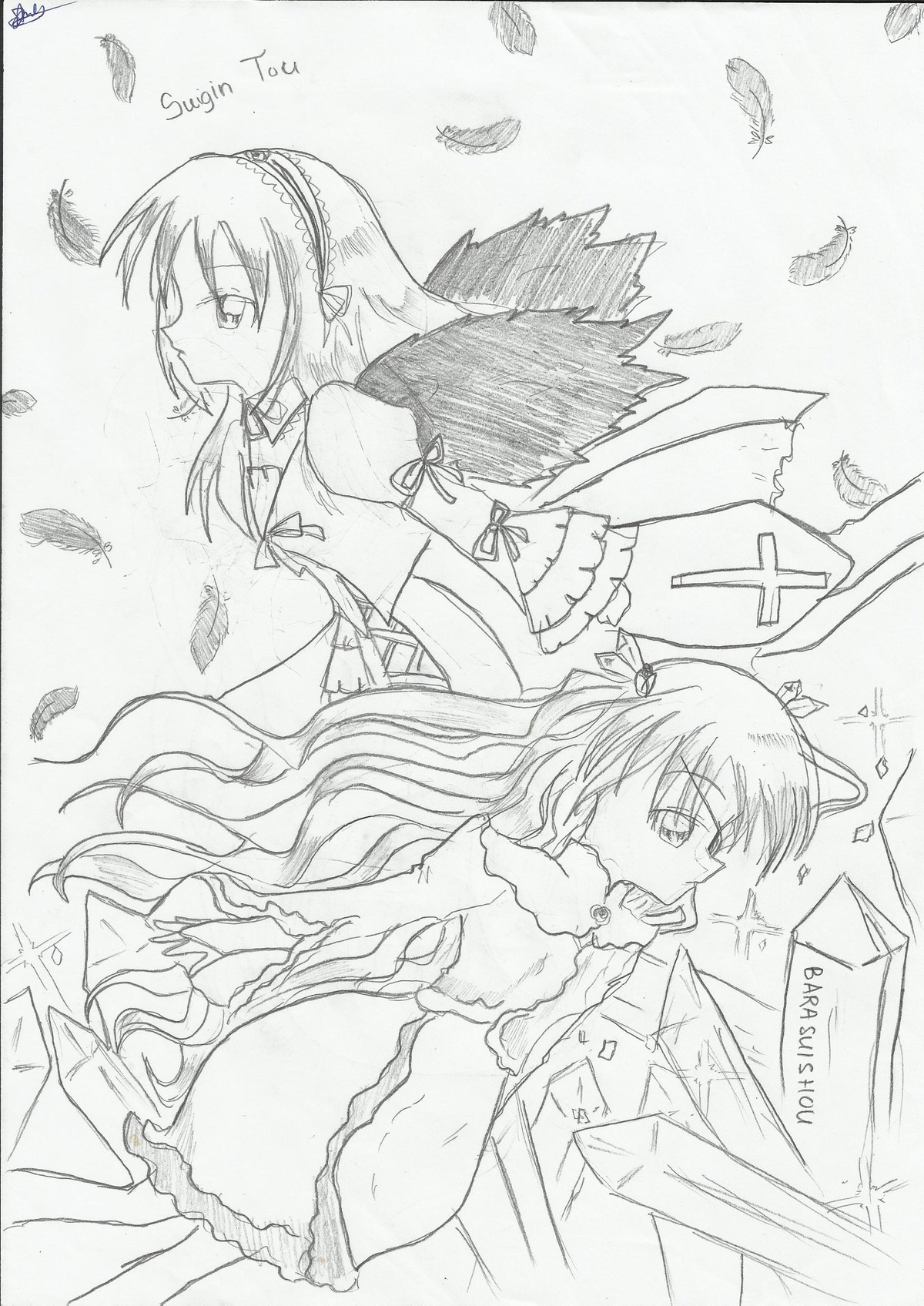 2girls akemi_homura barasuishou bird dress feathered_wings feathers greyscale image long_hair long_sleeves monochrome multiple_girls pair profile suigintou traditional_media ultimate_madoka wings