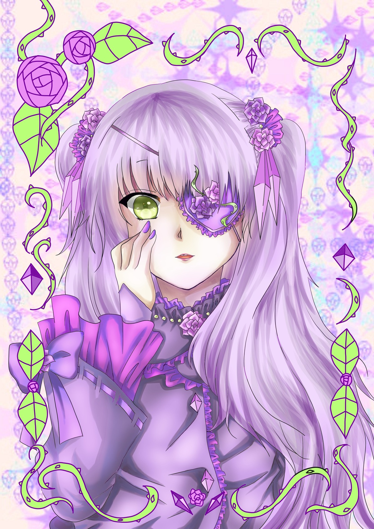 1girl barasuishou eyepatch flower frills green_eyes hair_ornament hair_ribbon image long_hair looking_at_viewer purple_flower purple_hair ribbon solo upper_body vines