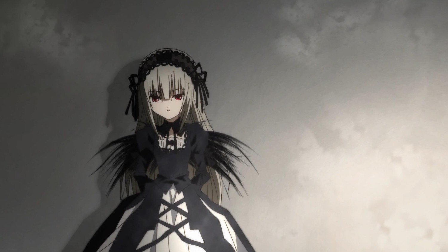 1girl bangs black_dress black_ribbon dress hairband image juliet_sleeves long_hair long_sleeves looking_at_viewer puffy_sleeves red_eyes ribbon rose solo suigintou wings