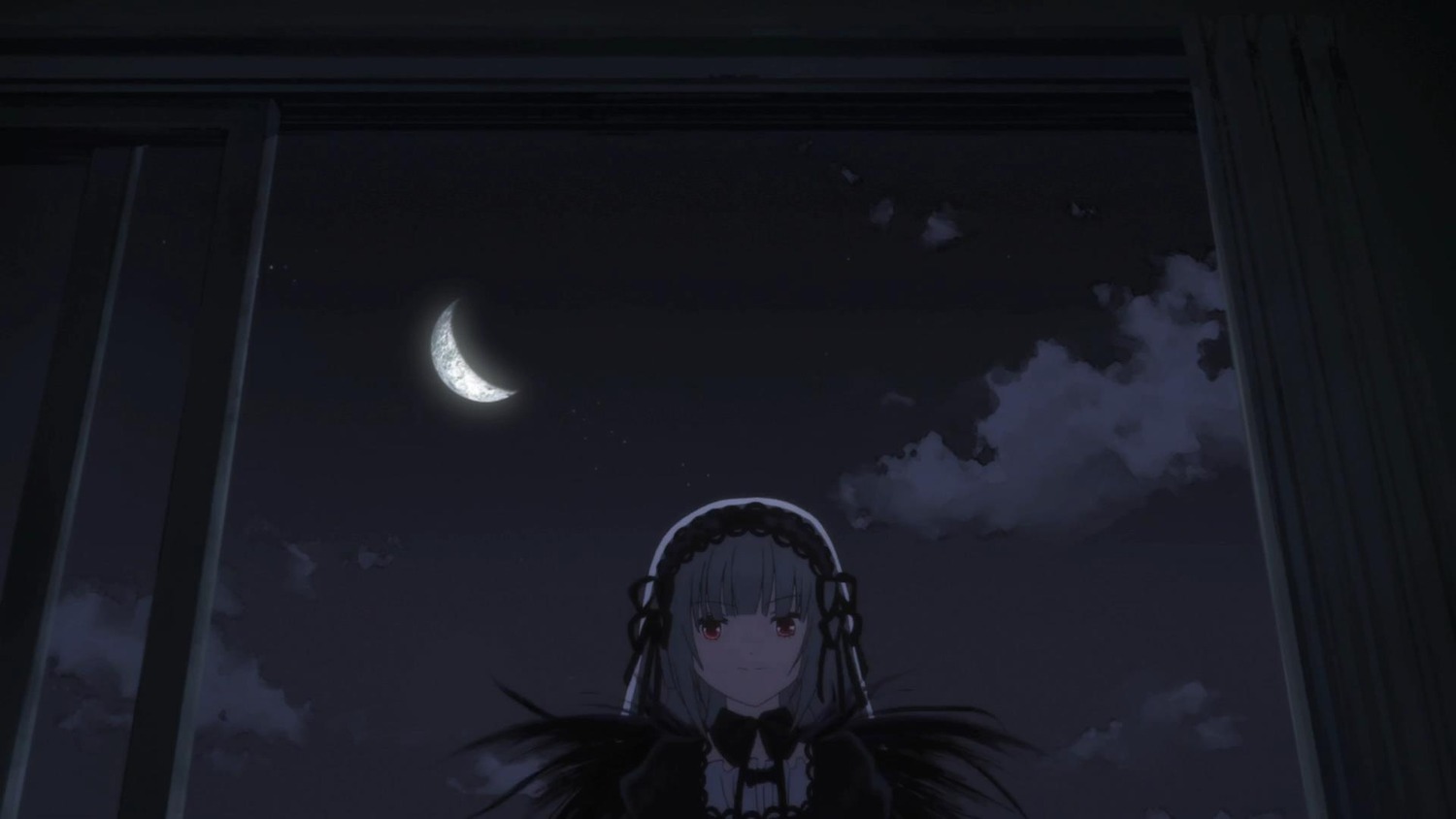 1girl bangs closed_mouth cloud crescent_moon dress eyebrows_visible_through_hair hairband image long_hair looking_at_viewer moon night red_eyes sky smile solo suigintou wings