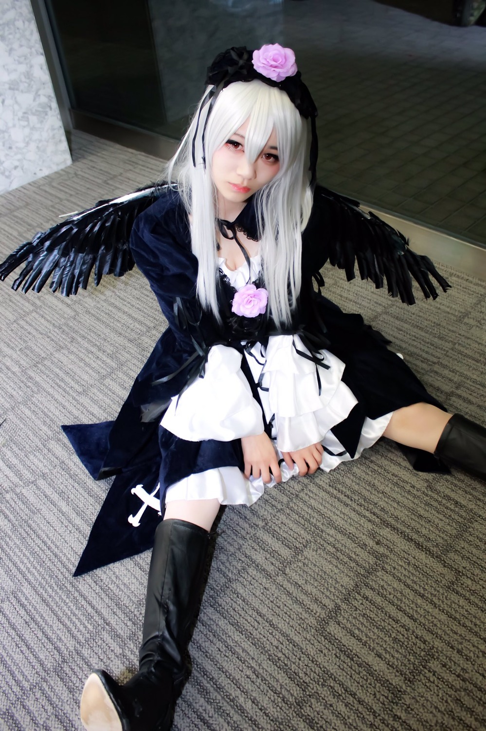 1girl black_wings boots dress flower frills gothic_lolita long_hair long_sleeves photo rose silver_hair solo suigintou wings