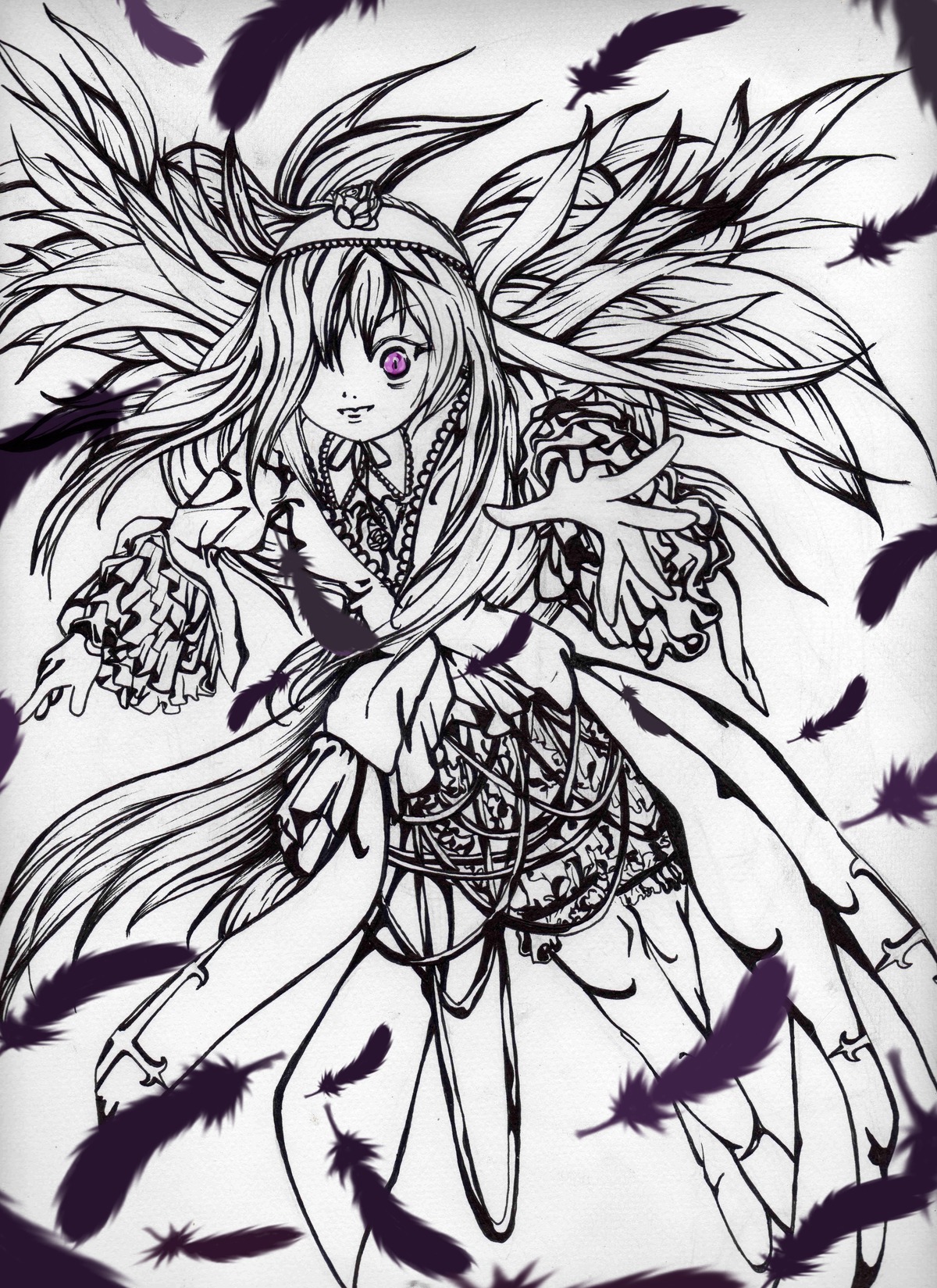 1girl bird black_feathers dove dress feathered_wings feathers flower frills greyscale hair_over_one_eye hairband image long_hair long_sleeves looking_at_viewer monochrome purple_eyes smile solo spot_color suigintou very_long_hair white_feathers wings