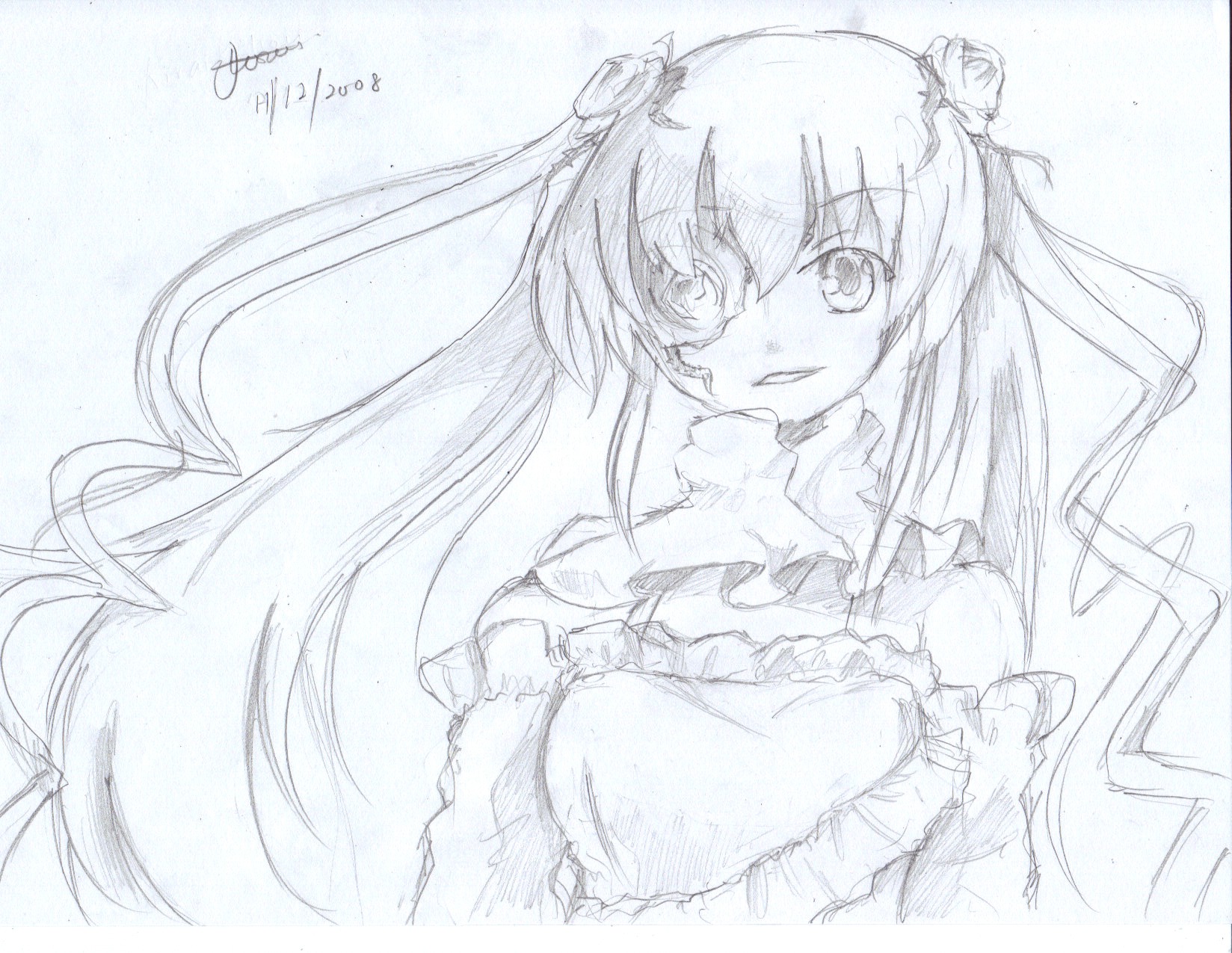 1girl dated dress frills graphite_(medium) hair_ornament image kirakishou long_hair looking_at_viewer monochrome signature sketch smile solo traditional_media upper_body