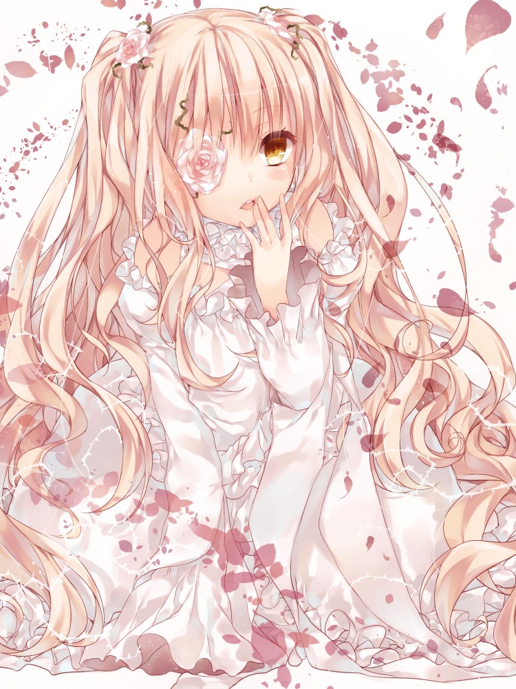 1girl bare_shoulders blonde_hair commentary_request dress eyepatch flower frilled_dress frills hair_flower hair_ornament hand_to_own_mouth image kirakishou komeshiro_kasu lolita_fashion long_hair long_sleeves looking_at_viewer open_mouth petals pink_flower pink_rose rose rozen_maiden solo very_long_hair white_dress wide_sleeves yellow_eyes