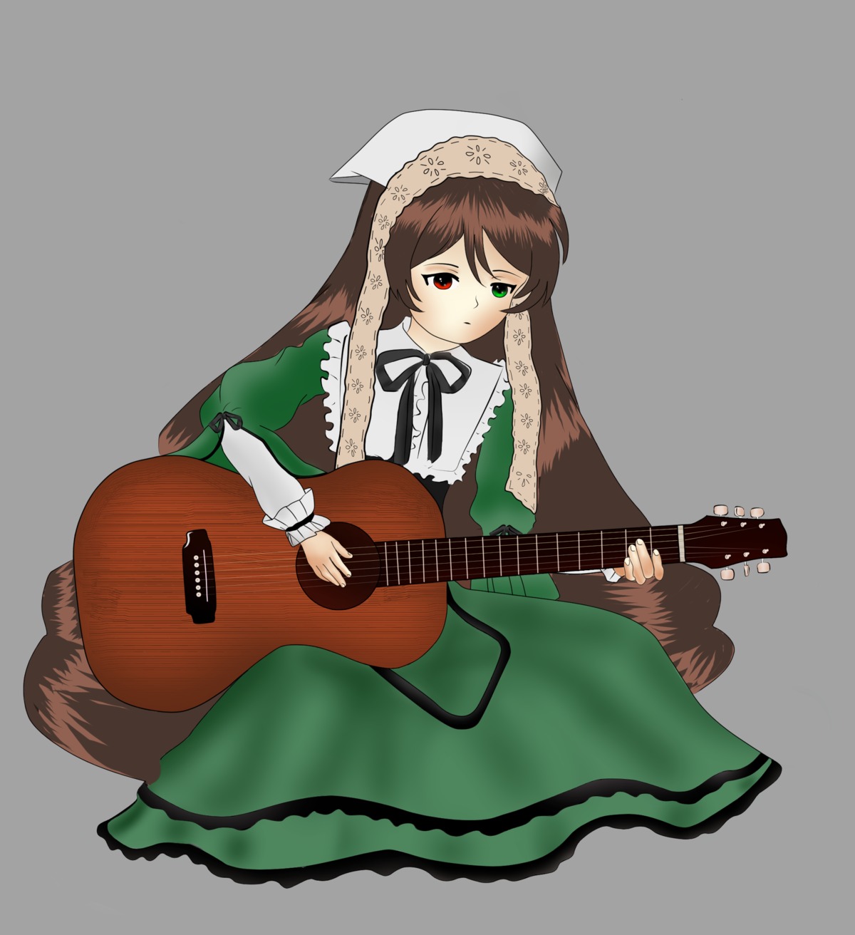 1girl brown_hair dress electric_guitar frills green_dress green_eyes guitar heterochromia image instrument long_hair long_sleeves playing_instrument plectrum red_eyes ribbon simple_background solo suiseiseki