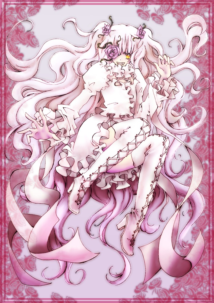 1girl boots cross-laced_footwear dress eyepatch flower frills hair_flower hair_ornament image kaname_madoka kirakishou knee_boots long_hair pink_hair rose solo thigh_boots thighhighs ultimate_madoka very_long_hair vines white_dress white_footwear yellow_eyes