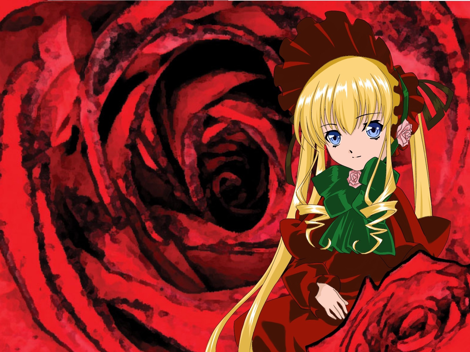 1girl auto_tagged blonde_hair blue_eyes bonnet bow bowtie dress drill_hair flower green_bow image long_hair long_sleeves looking_at_viewer red_dress rose shinku solo twintails very_long_hair