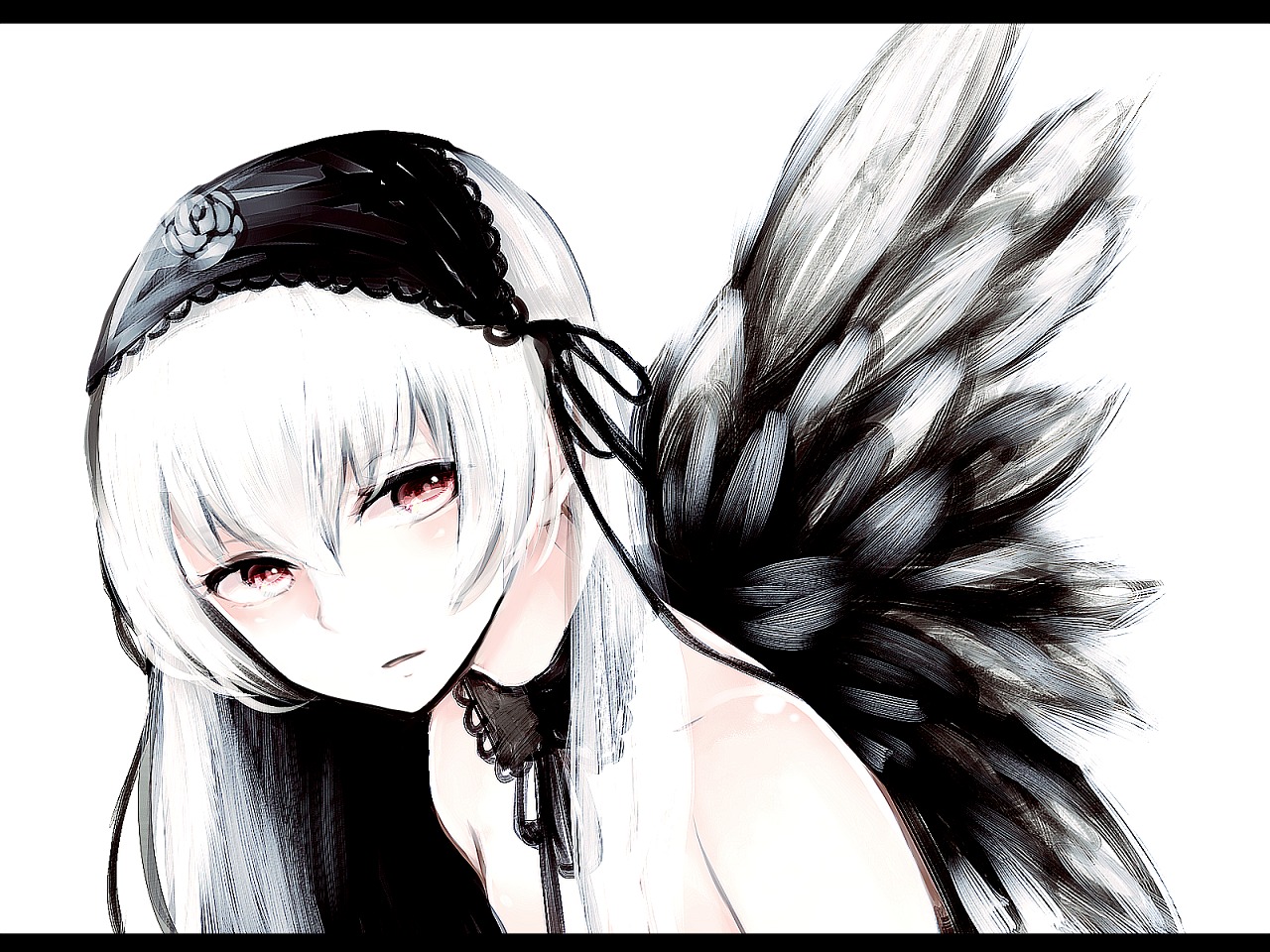 1girl bangs bare_shoulders black_border black_wings closed_mouth detached_collar eyebrows_visible_through_hair feathered_wings feathers hairband image letterboxed long_hair looking_at_viewer red_eyes silver_hair simple_background solo suigintou white_background wings