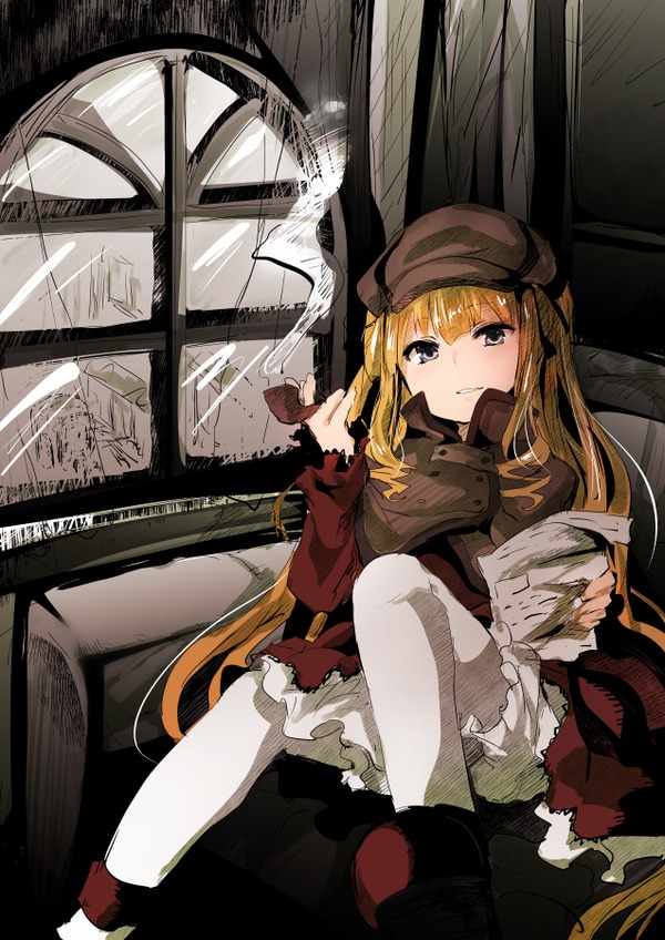 1girl blonde_hair book dress hat image long_hair looking_at_viewer open_book shinku shoes sitting smile solo thighhighs white_legwear