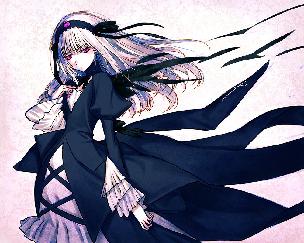 1girl black_dress black_wings commentary_request dress floating_hair flower frills gothic_lolita hairband image juliet_sleeves lolita_fashion lolita_hairband long_hair long_sleeves looking_at_viewer photoshop_(medium) pink_eyes puffy_sleeves purple_eyes ribbon rozen_maiden sakamoto_mineji silver_hair solo suigintou white_hair wide_sleeves wings