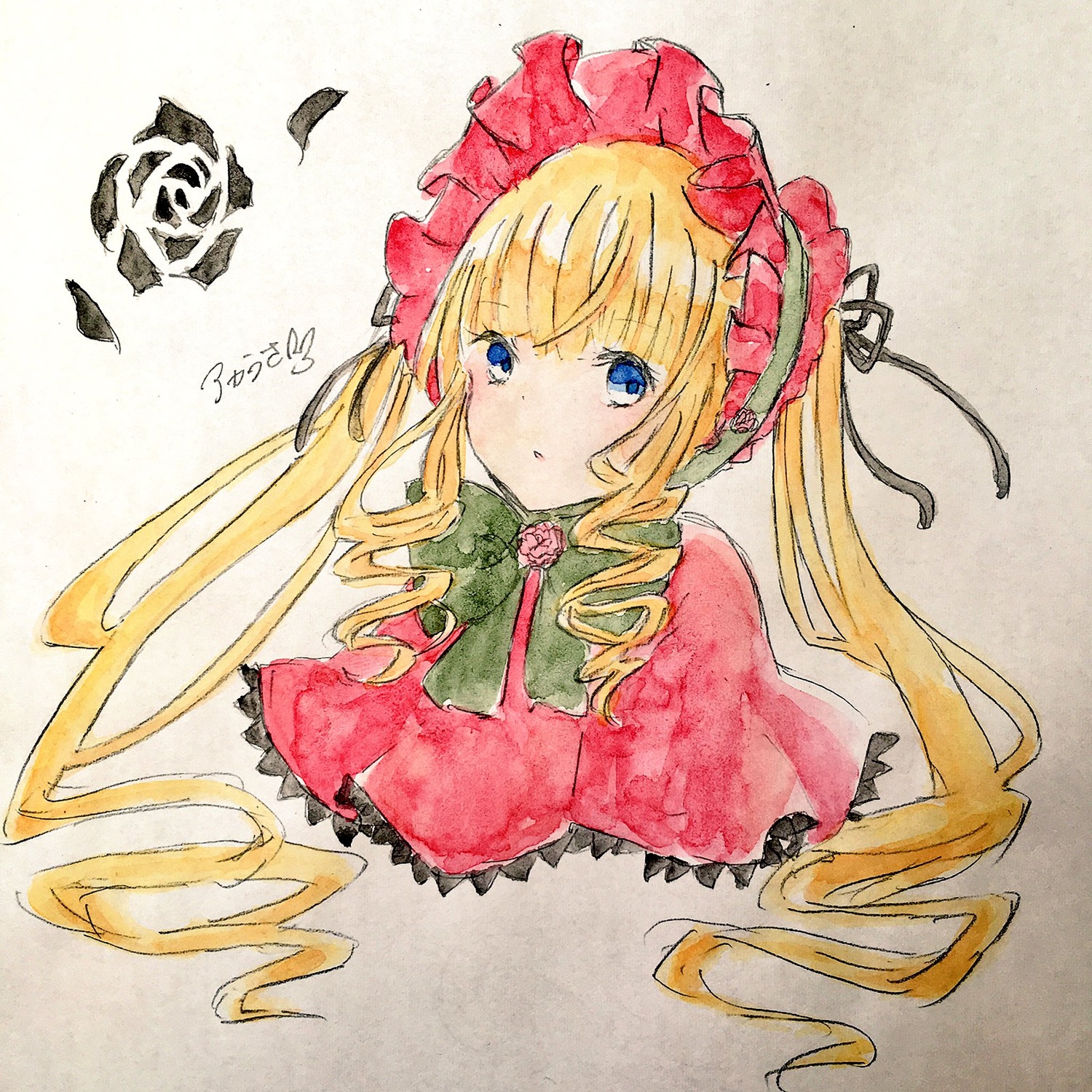 1girl bangs blonde_hair blue_eyes blush bonnet bow bowtie cropped_torso dress drill_hair eyebrows_visible_through_hair flower image long_hair looking_at_viewer marker_(medium) ribbon ringlets rose shinku simple_background solo traditional_media twin_drills twintails upper_body watercolor_(medium)