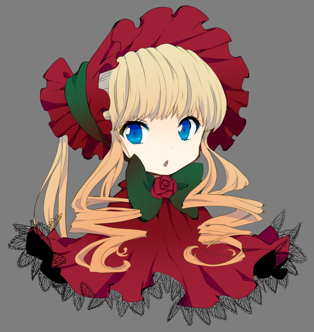 1girl bangs blonde_hair blue_eyes bonnet bow bowtie flower image long_hair looking_at_viewer red_flower red_rose rose shinku simple_background solo transparent_background