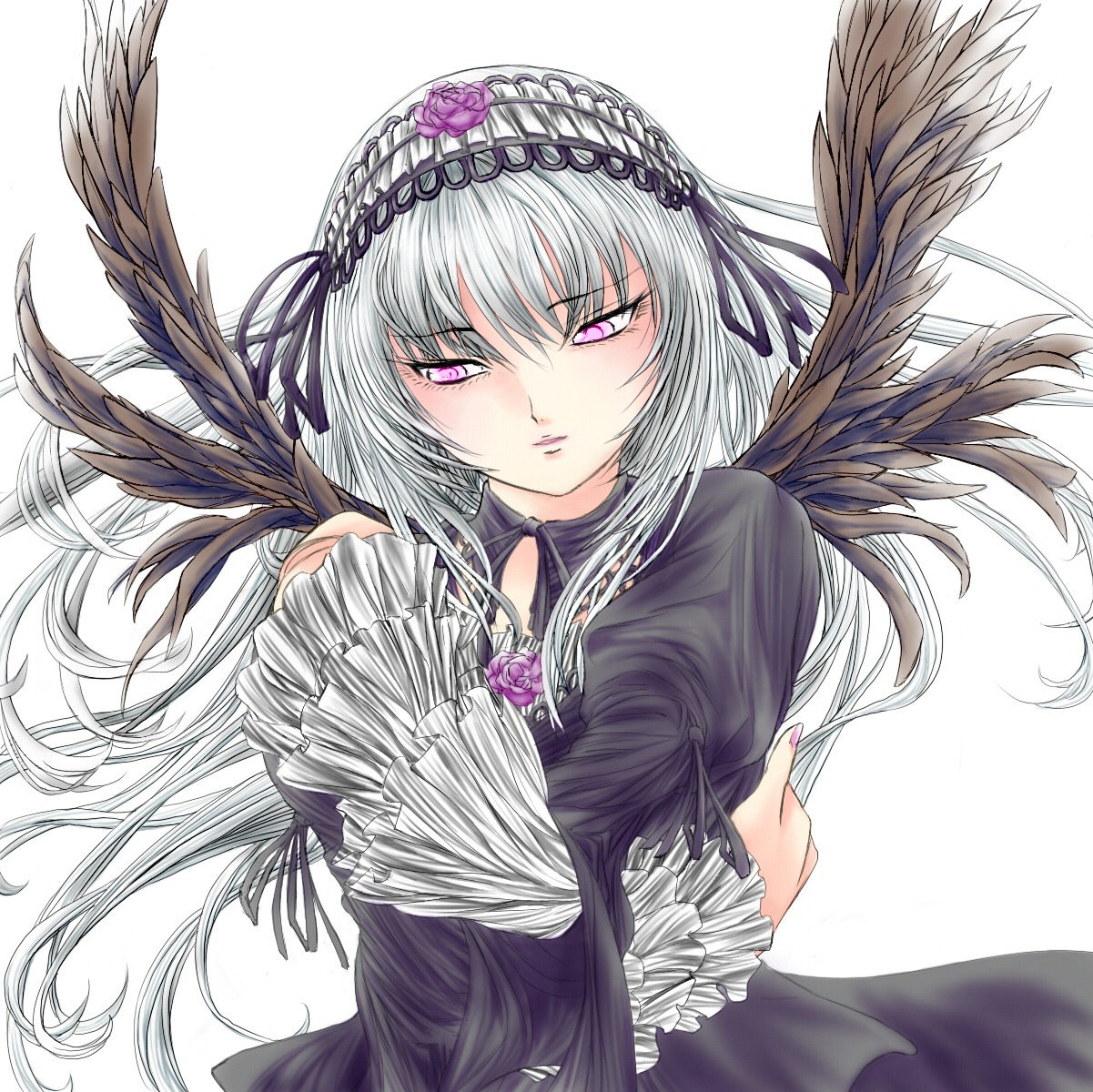 1girl auto_tagged black_dress black_wings dress feathered_wings feathers flower frills hairband half-closed_eyes image long_hair long_sleeves looking_at_viewer pink_eyes silver_hair simple_background solo suigintou white_background wings