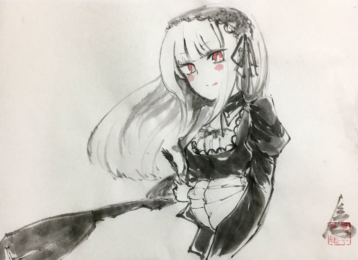 1girl dress frills hairband image long_hair long_sleeves looking_at_viewer red_eyes rose simple_background solo suigintou tongue tongue_out traditional_media