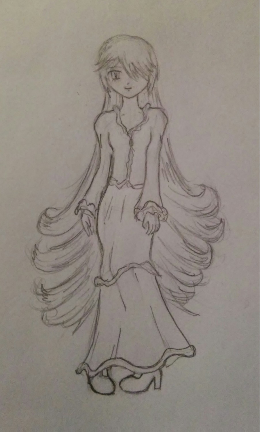 1girl dress full_body greyscale hair_over_one_eye image long_hair long_sleeves looking_at_viewer monochrome solo standing suiseiseki traditional_media very_long_hair