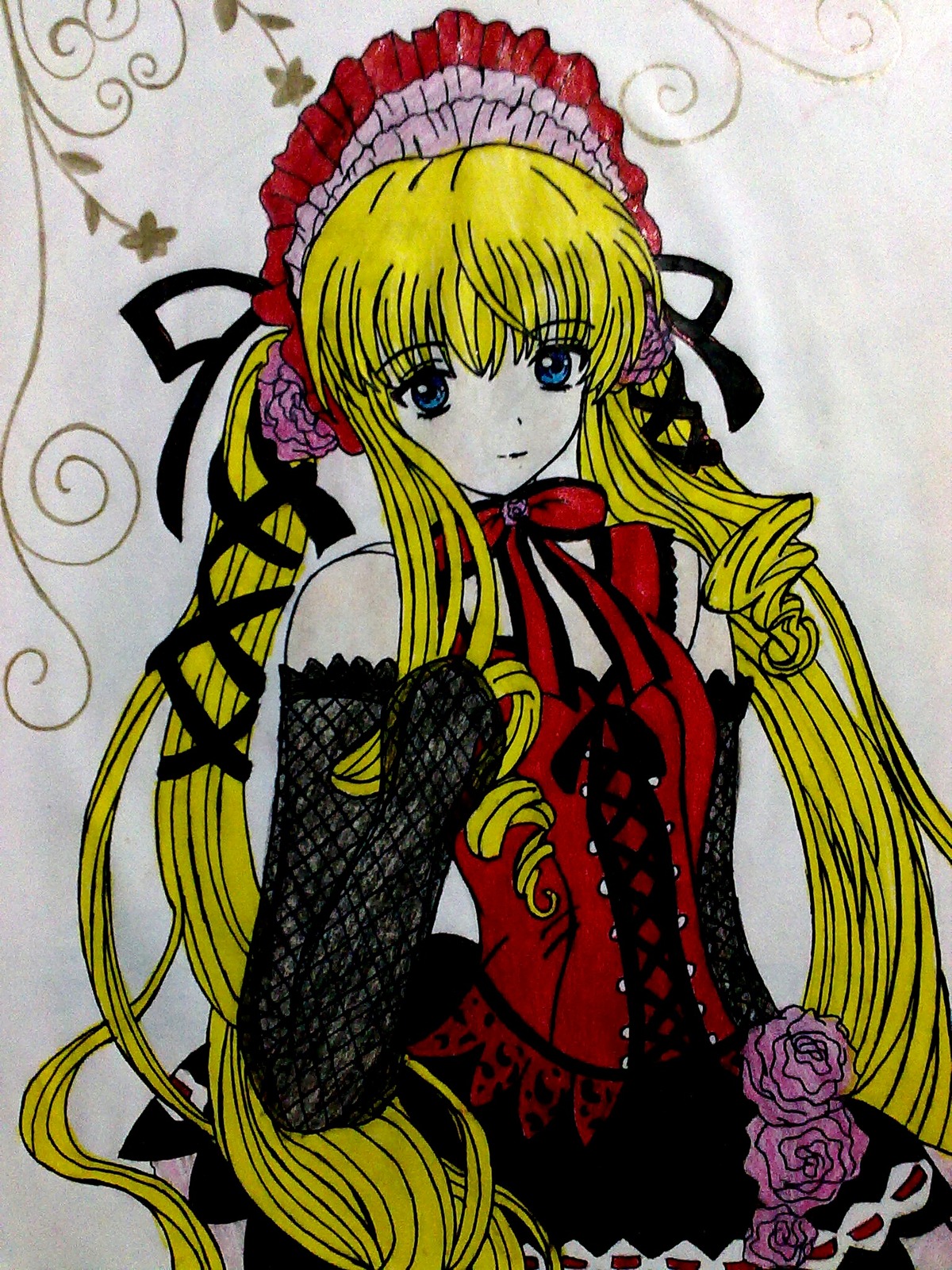 1girl blonde_hair blue_eyes bonnet dress drill_hair elbow_gloves flower frills gloves gothic_lolita image lolita_fashion long_hair looking_at_viewer marker_(medium) pink_flower pink_rose red_flower red_rose ribbon rose shinku solo traditional_media twin_drills twintails very_long_hair