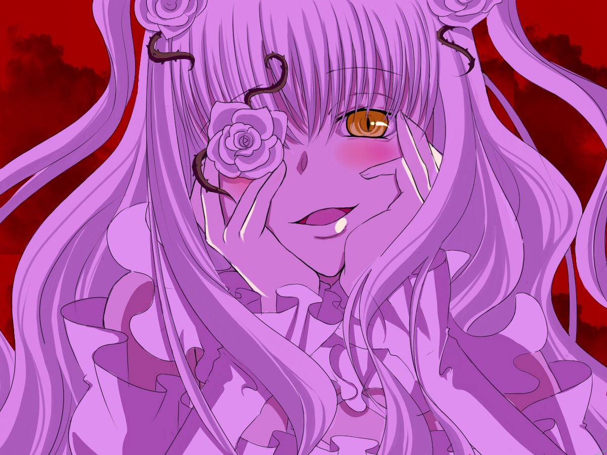 1girl commentary_request flower frills gathers hair_flower hair_ornament hands_on_own_cheeks hands_on_own_face image kirakishou kyanpin long_hair looking_at_viewer open_mouth parody red_background rose rozen_maiden smile solo two_side_up yandere_trance yellow_eyes